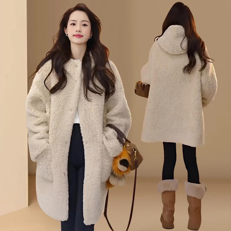 毛毛外套女2025秋冬季新款韩版宽松加厚中长款显瘦保暖连帽大衣