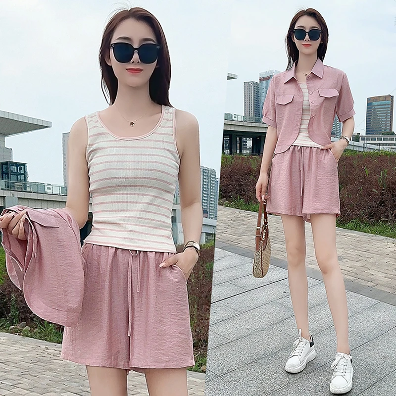 小个子休闲套装女2025夏季新款雪纺短袖衬衫小吊带高腰短裤三件套