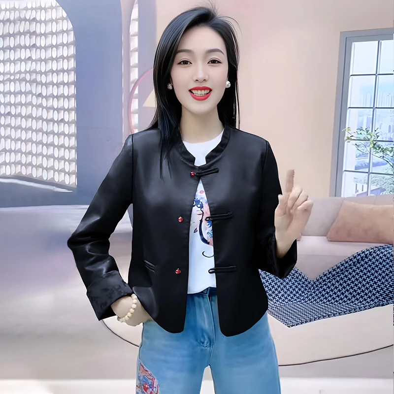 春秋美式复古上衣独特高级感改良唐装新中式国风咖色皮衣盘扣外套