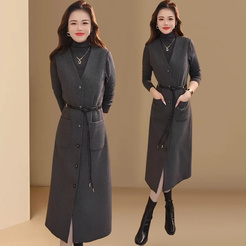 高级感2025春秋新款时尚气质上衣+纯色百搭背心连衣裙女装两件套