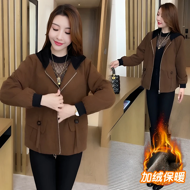休闲百搭加绒短外套女2024秋冬新款欧货时尚今年流行夹克连帽上衣
