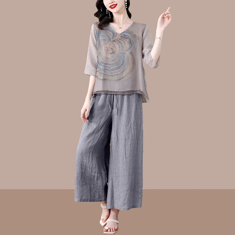 时尚套装女士2025新款夏印花遮肚子显瘦t恤九分直筒阔腿裤两件套