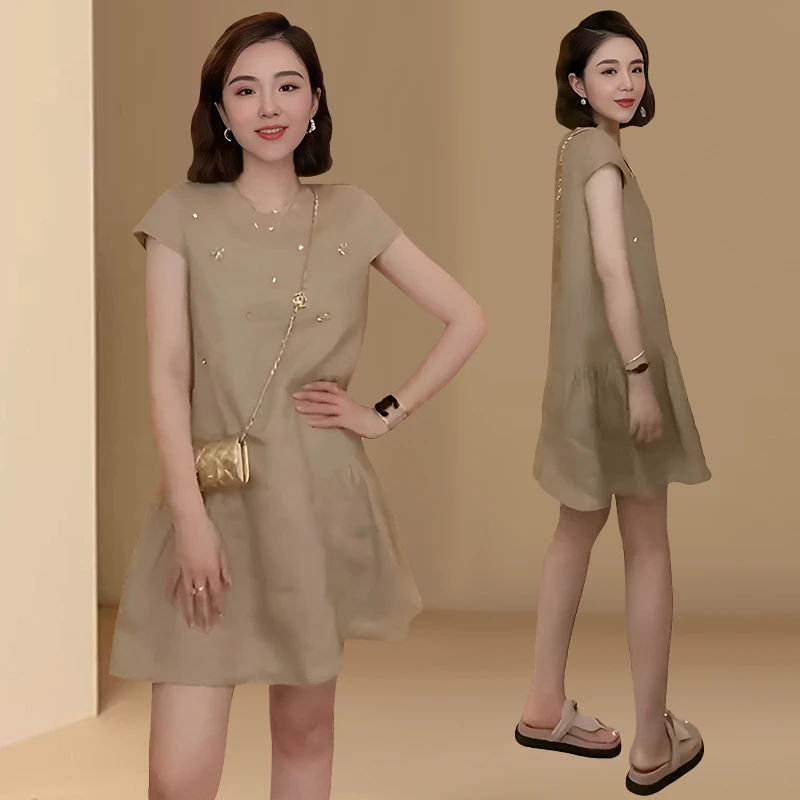 高端精致圆领连衣裙女士夏季新款欧货时髦宽松遮肚子减龄漂亮裙子