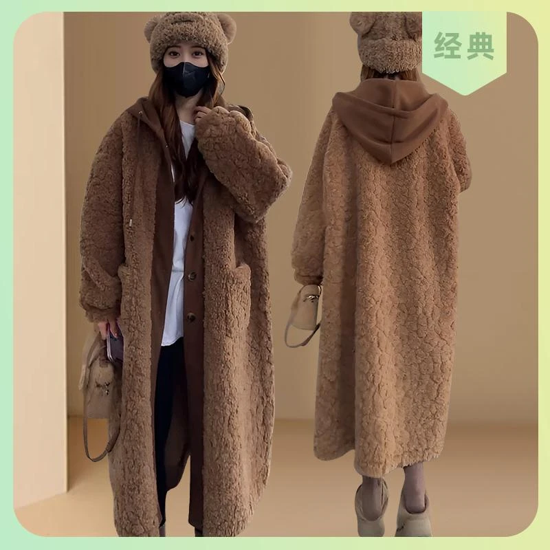 假两件皮毛一体大衣女秋冬新款设计感加厚保暖中长款连帽毛毛外套