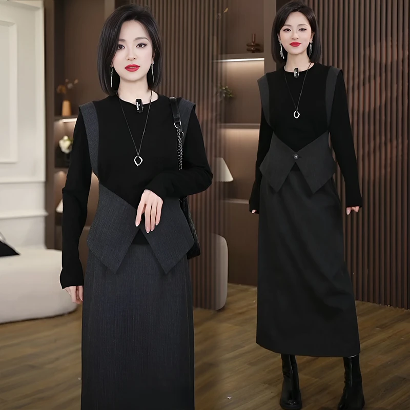 秋冬穿搭一整套高级感气质拼接假两件上衣女百搭显瘦半身裙两件套