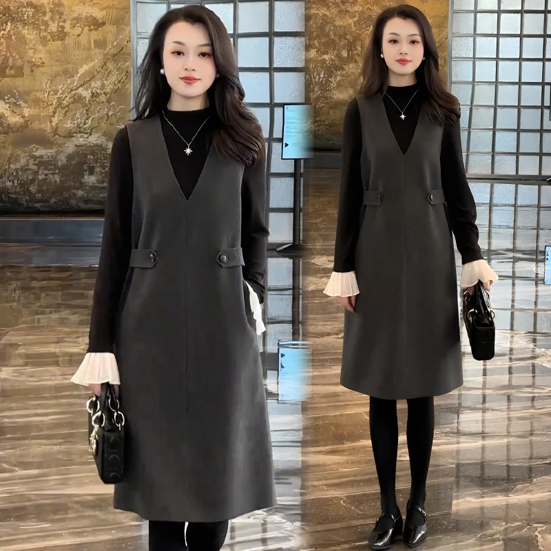 秋冬灰色无袖连衣裙遮肉2025新款百搭半拉链显瘦休闲背心裙子女