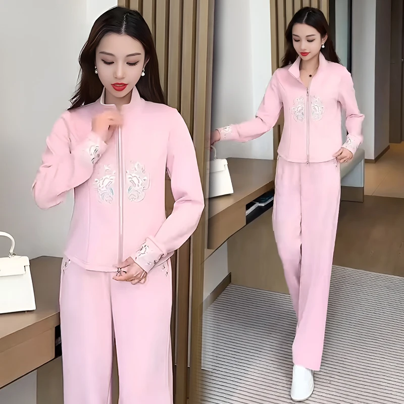 新中式国风休闲运动套装女2025春秋新款时尚开衫外套阔腿裤两件套