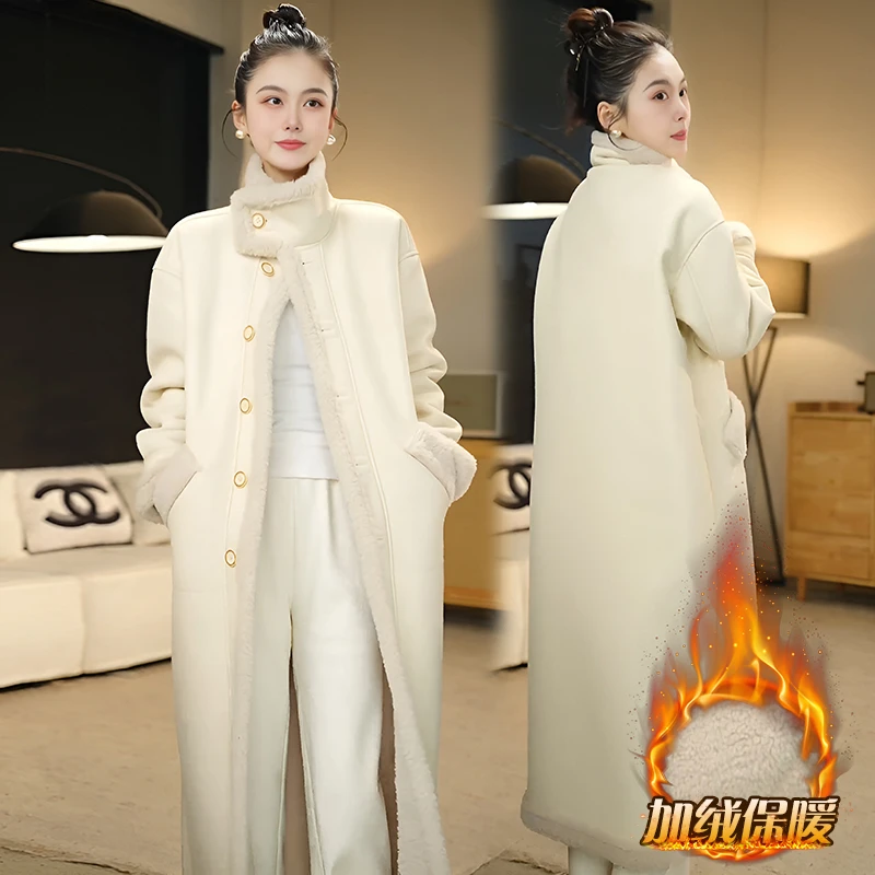 高级感立领皮毛一体毛毛外套女2025年秋冬季新款过膝长款加厚大衣
