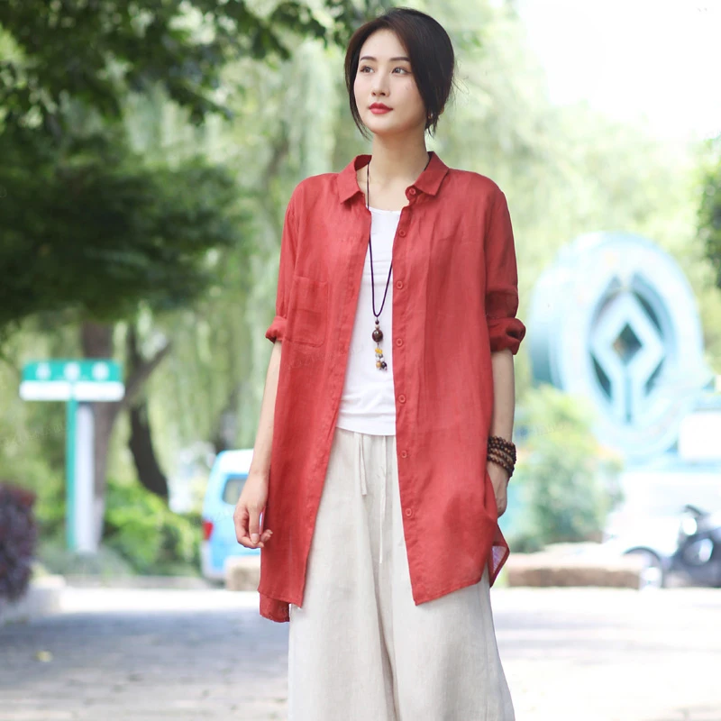 2025春秋新款时尚衬衫大码文艺复古女装休闲显瘦纯色中长款衬衫