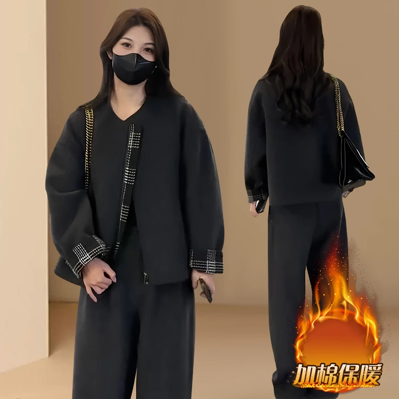 毛呢时尚套装女秋冬高级感宽松显瘦加棉保暖长袖外套阔腿裤两件套