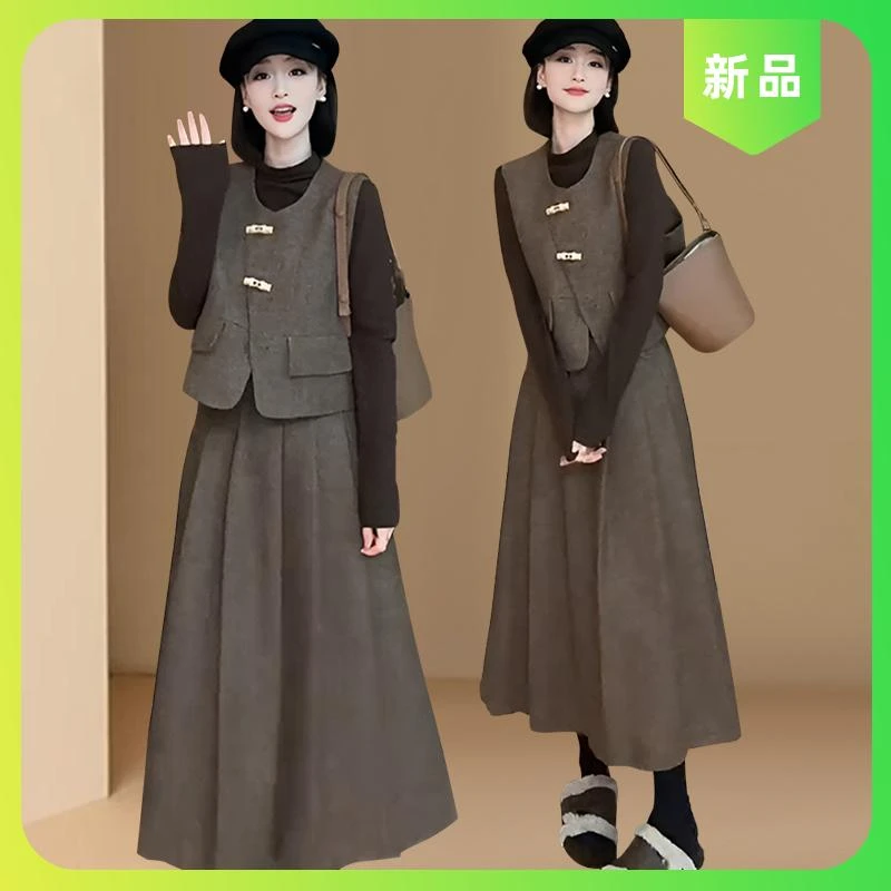 2025冬季新款上班通勤穿搭时尚套装裙女法式打底马甲半身裙三件套
