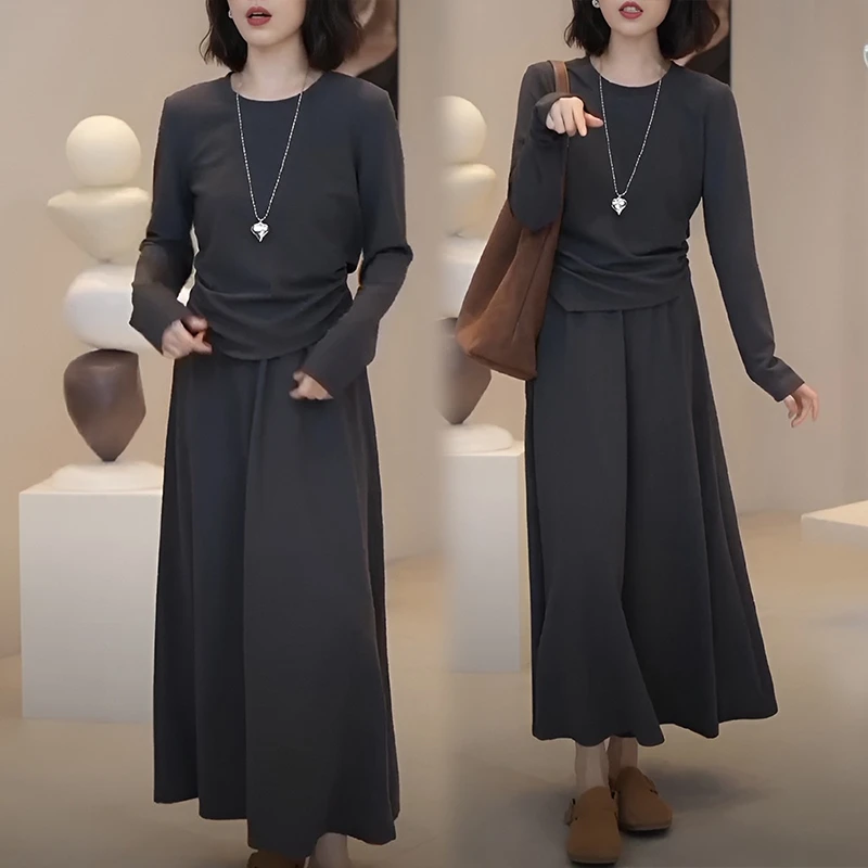 韩版时尚套装女春秋新款露腰褶皱设计感长袖T恤高腰半身裙两件套