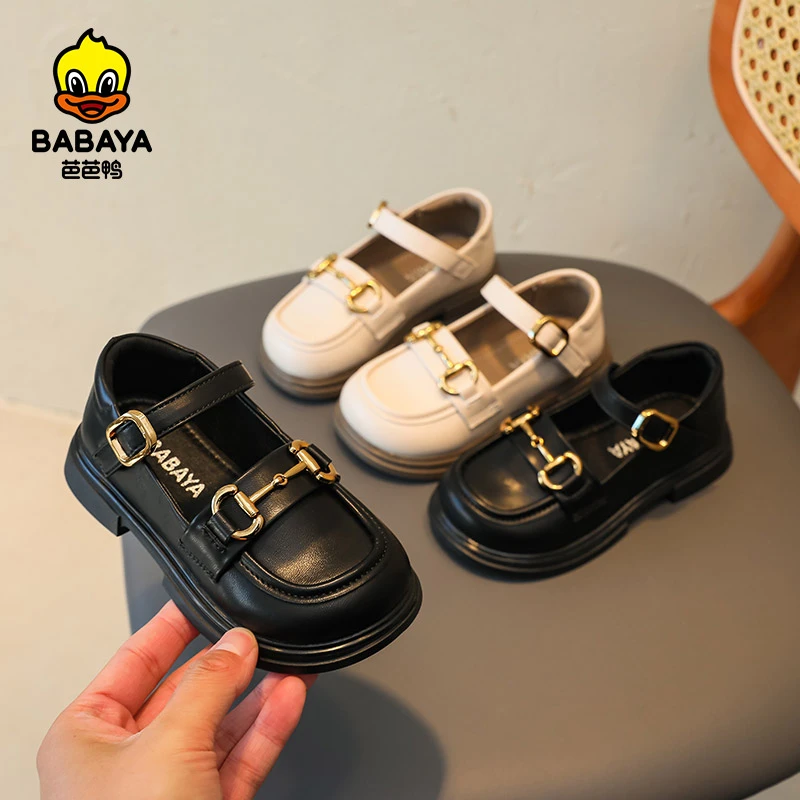 芭芭鸭女童小皮鞋秋冬黑色儿童校园演出鞋子软底英伦风学生公主鞋