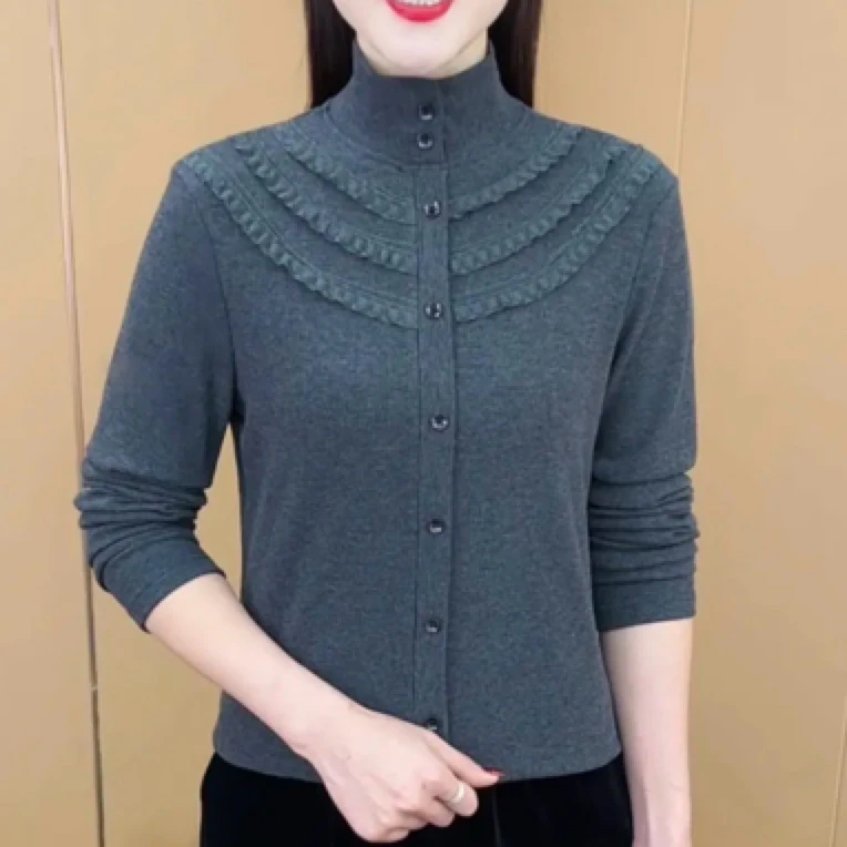 冬季新款法式设计感精致半高领加绒保暖显瘦气质打底上衣967