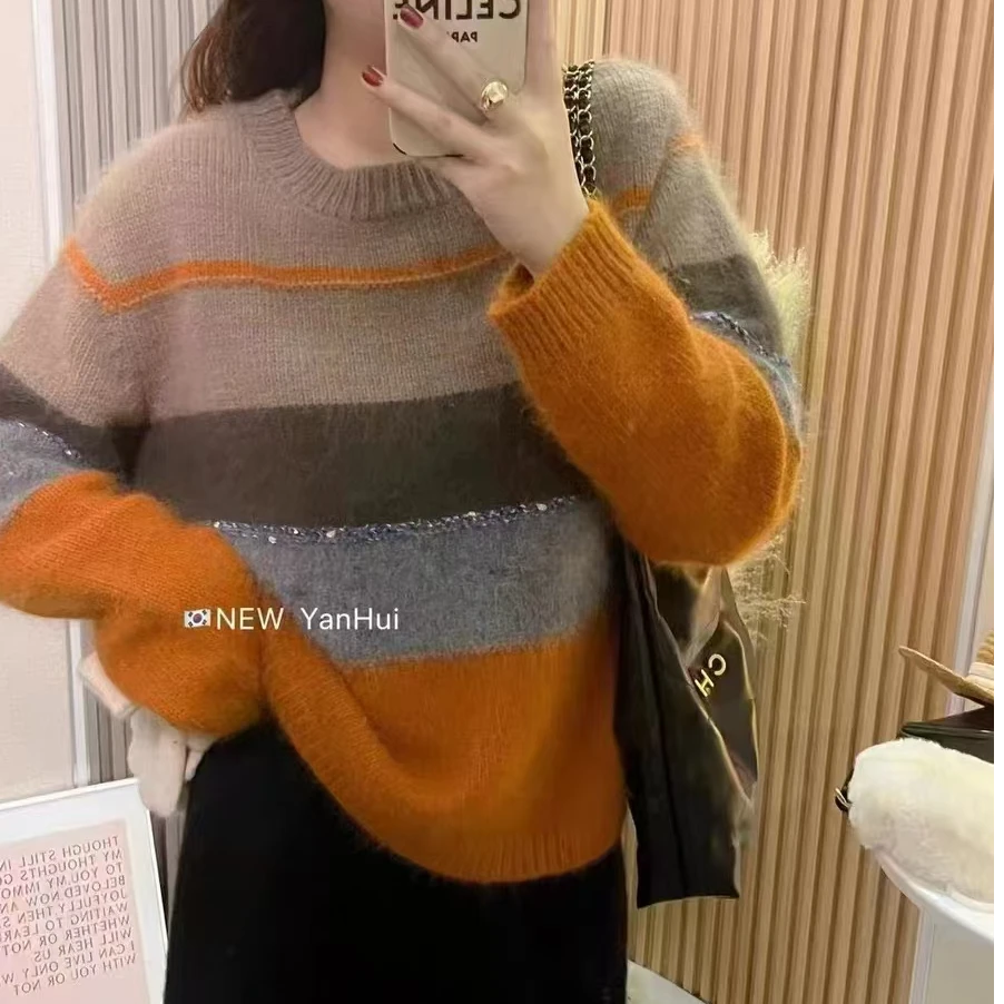 2024新款条纹时尚圆领秋冬秋冬百搭针织套头（丁夫人专属）