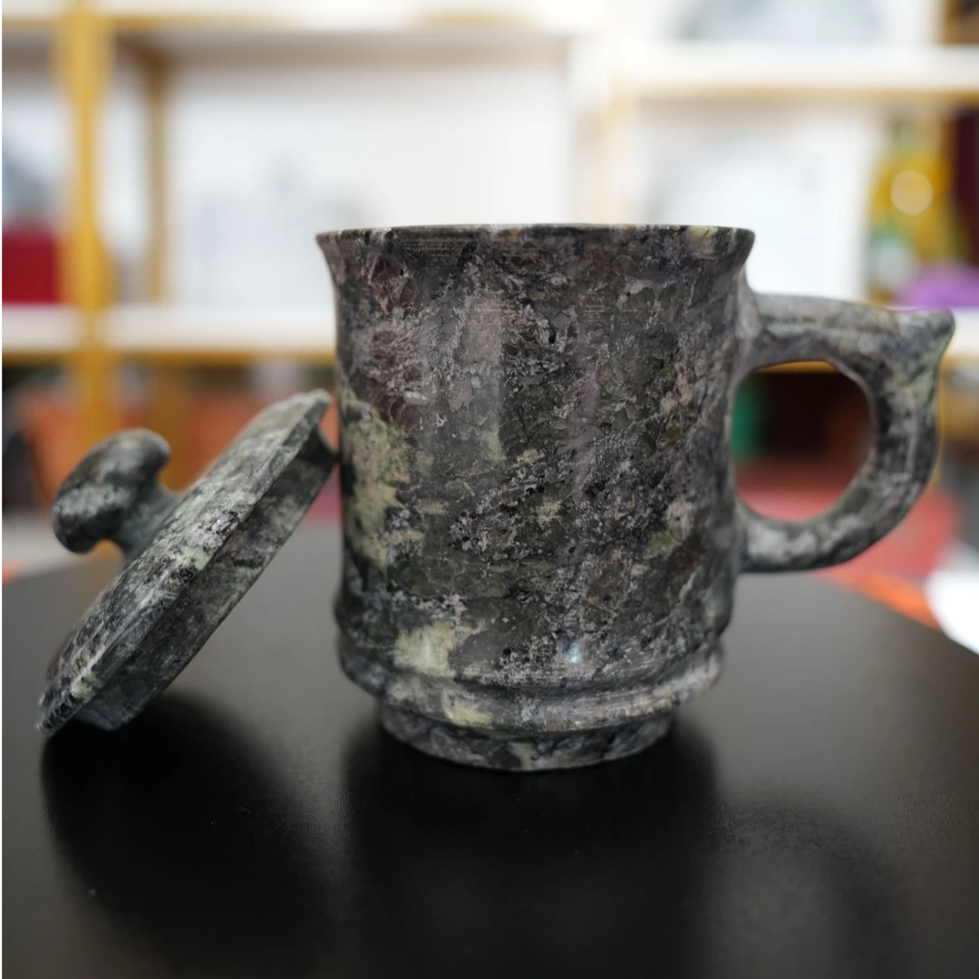 【皂石办公杯】西藏墨脱纯天然皂石茶杯 水杯350ml带盖原石手柄