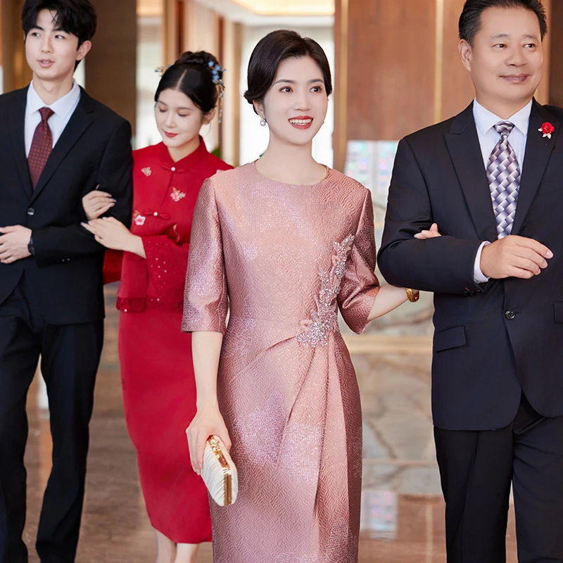 蕾蒂若新款妈妈喜服婚宴安克拉红色旗袍高贵年轻喜婆婆装礼服1244