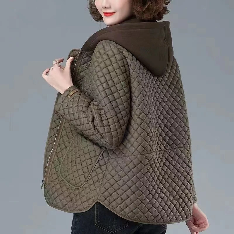 秋冬新款女士轻薄棉衣短款连帽洋气时尚菱格棉袄宽松外套女