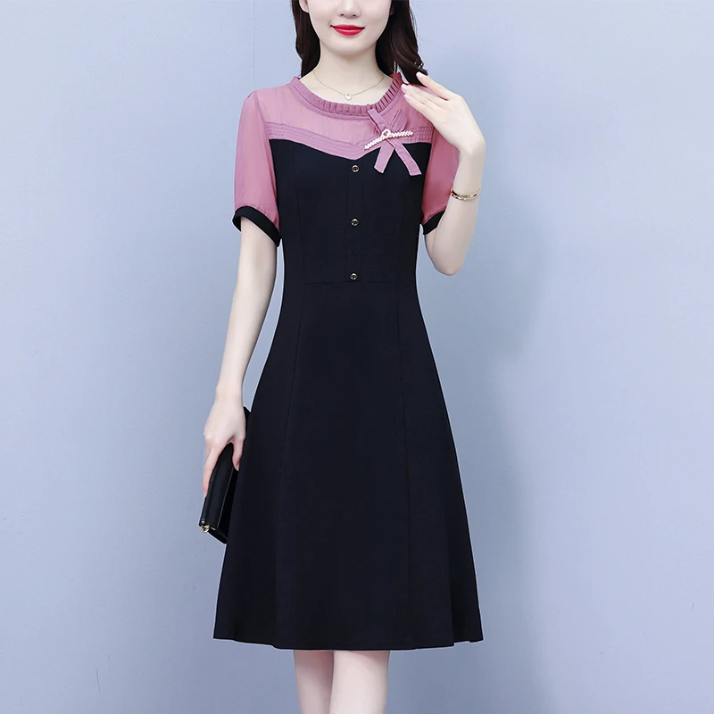 女装法式小黑裙2025新款夏季时尚拼接收腰显瘦连衣裙简约淑女短袖