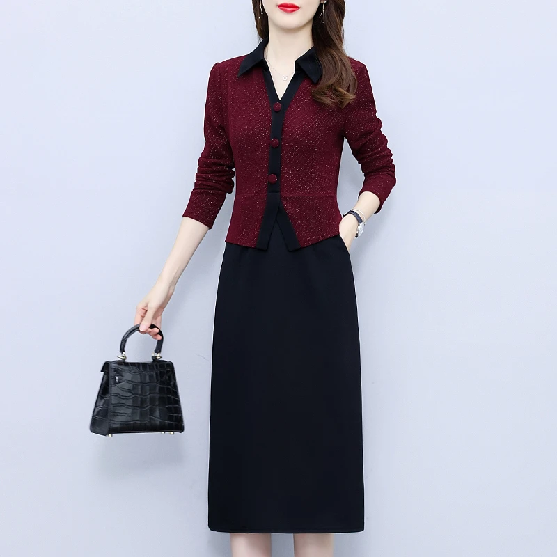 爆款高档妈妈装假两件连衣裙女秋冬2024年新款收腰气质过膝a字裙