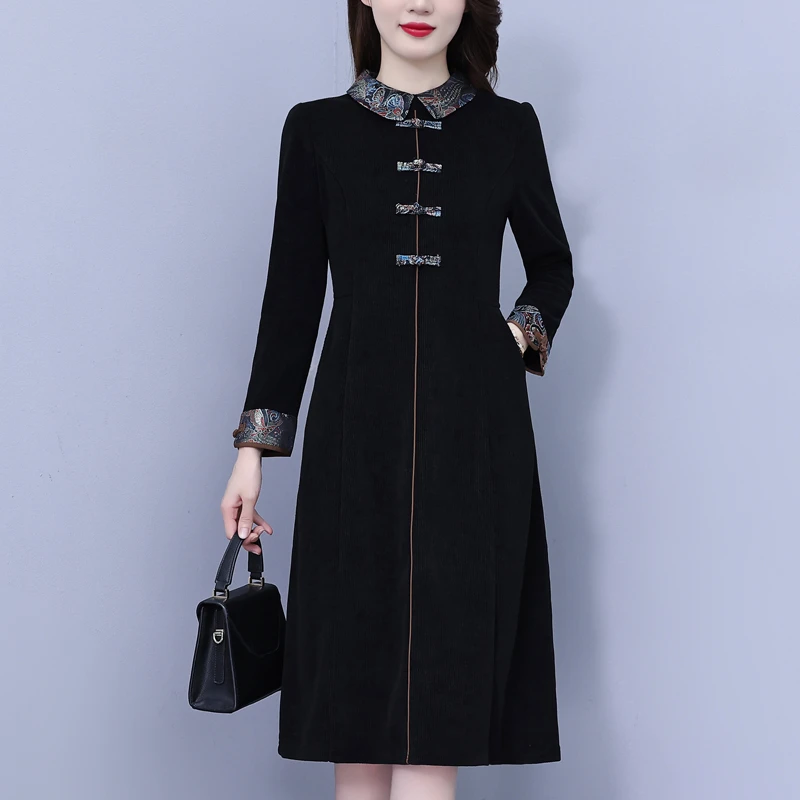 改良新中式复古风连衣裙女2024秋冬贵夫人高贵洋气质遮肚显瘦裙子