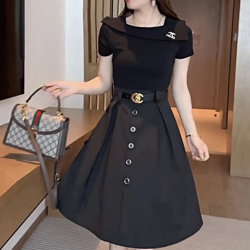 时尚高腰高档气质短袖连衣裙夏季显瘦遮肉轻奢假两件女装裙子女士