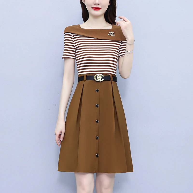 新中式国风假两件a字连衣裙减龄收腰新款撞色镂空连衣裙高贵显瘦A