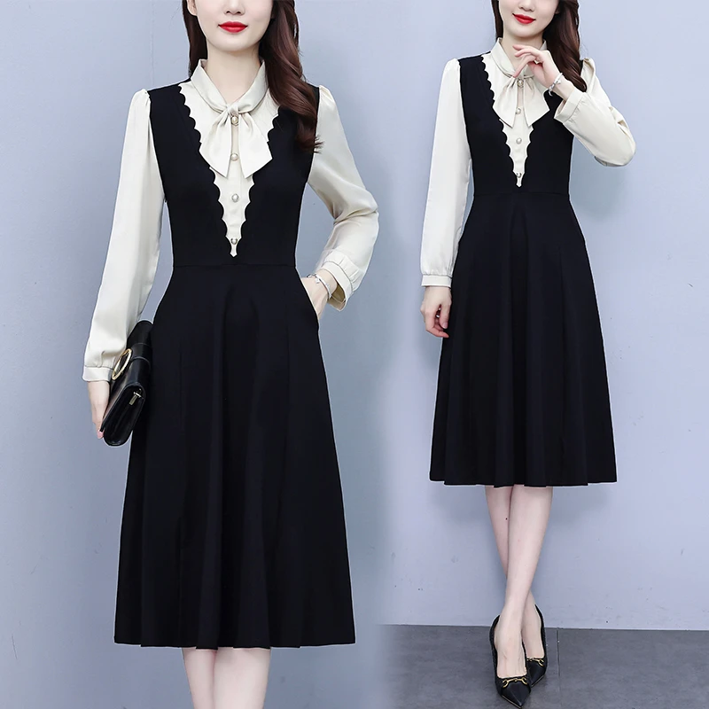 高级感假两件背带长袖连衣裙女秋季2024新款气质显瘦减龄裙子早秋