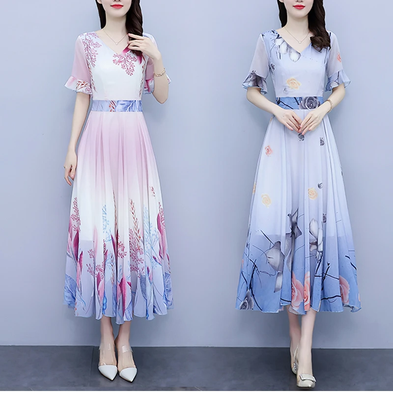 夏季雪纺连衣裙2024夏装新款女装长款气质显瘦仙女到脚踝超仙长裙