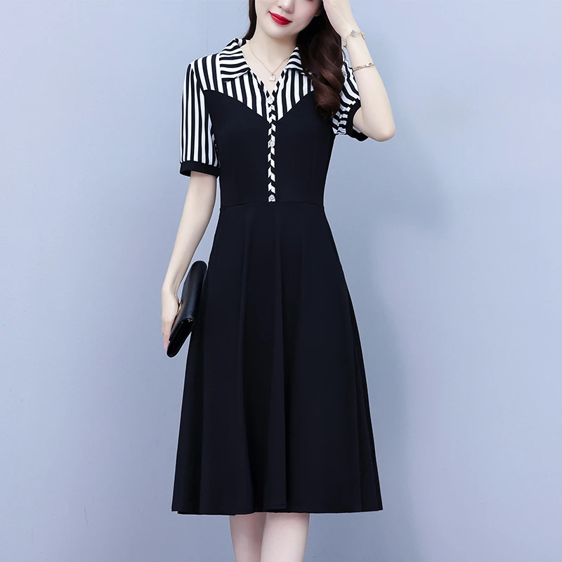 气质条纹大码女装修身显瘦中长款时尚短袖裙子夏季新款连衣裙黑色