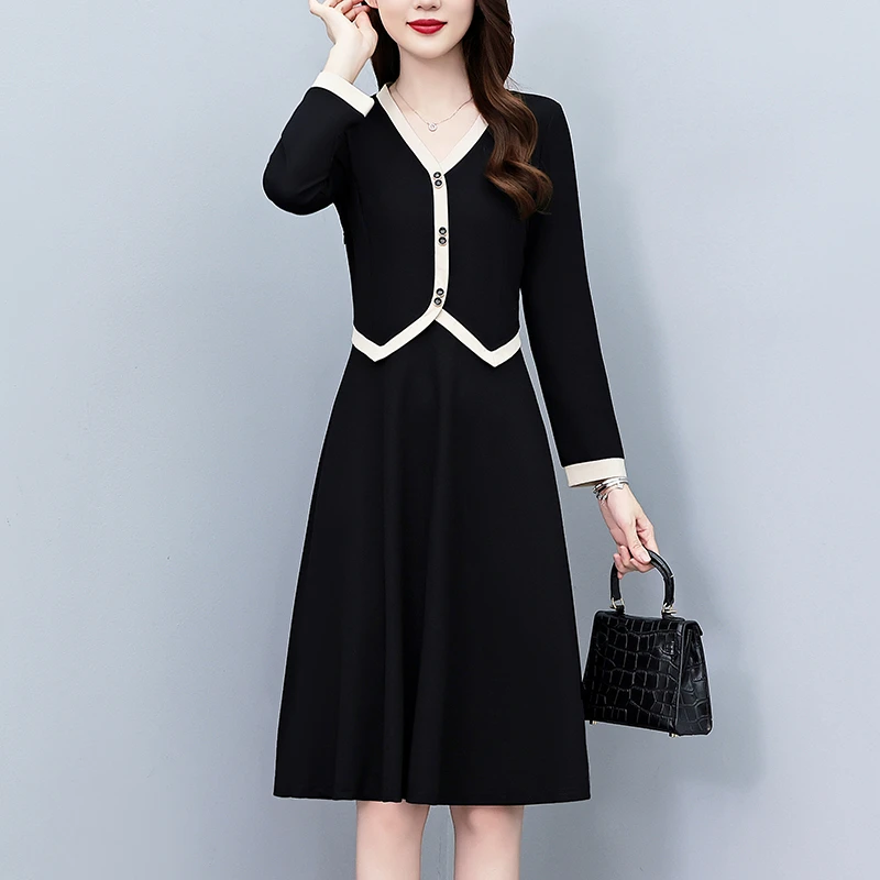 40-45高贵上档次女装时尚洋气拼色假两件胖mm大码连衣裙春秋新款