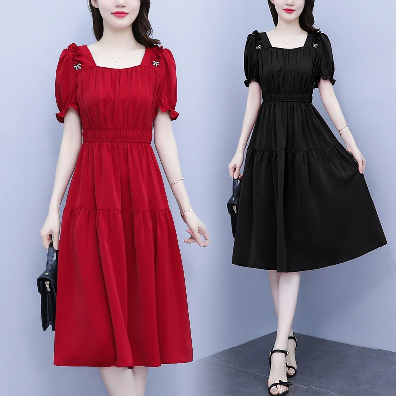 韩版雪纺遮肚连衣裙新款法式修身收腰显瘦温柔气质黑色夏天裙子