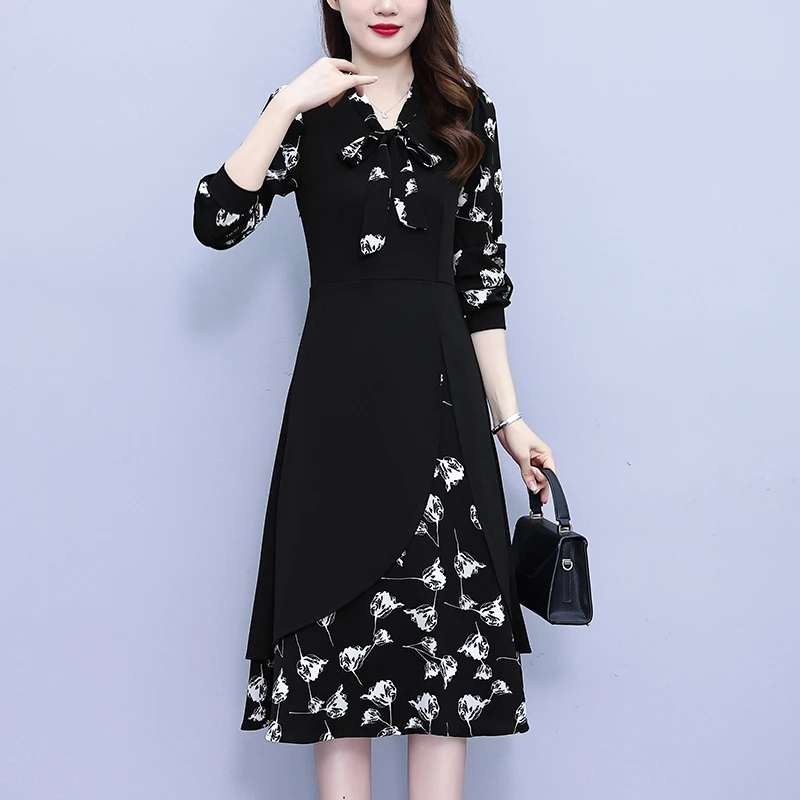 春秋假两件大码女装2024秋季胖mm不规则洋气修身碎花长袖连衣裙