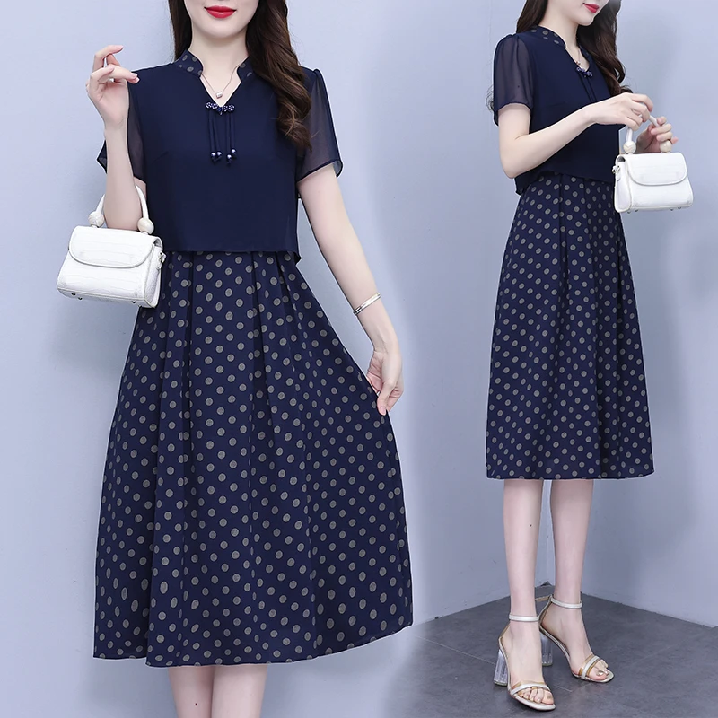 假两件圆点雪纺连衣裙女夏季2024新款端庄大气复古遮肚子显瘦裙子