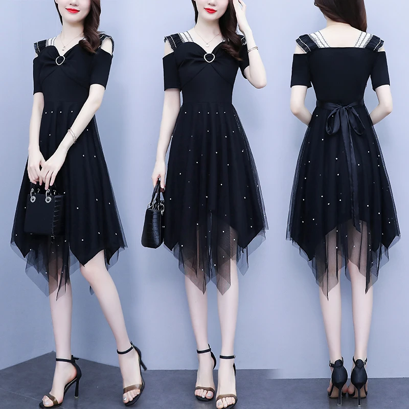 高档时尚大码女装2024夏新款蝴蝶结时尚修身不规则网纱钉珠连衣裙