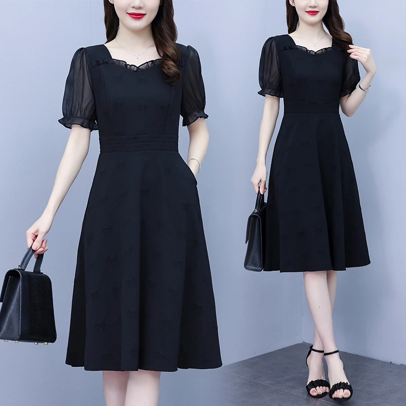 2025夏季新款大码女装连衣裙法式方领拼接收腰中长款黑色优雅裙子