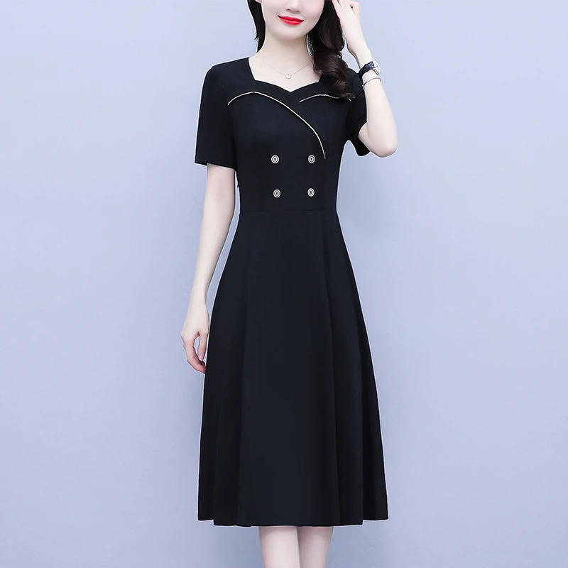 大码高端大气上档次女装2024夏季胖mm法式黑色气修身遮肚子连衣裙