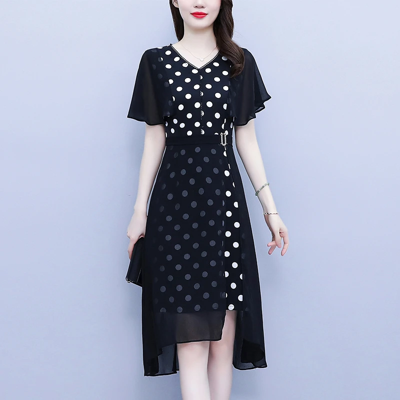 高端夏季时尚拼接波点黑色连衣裙韩版显瘦遮肚气质收腰减龄连衣裙