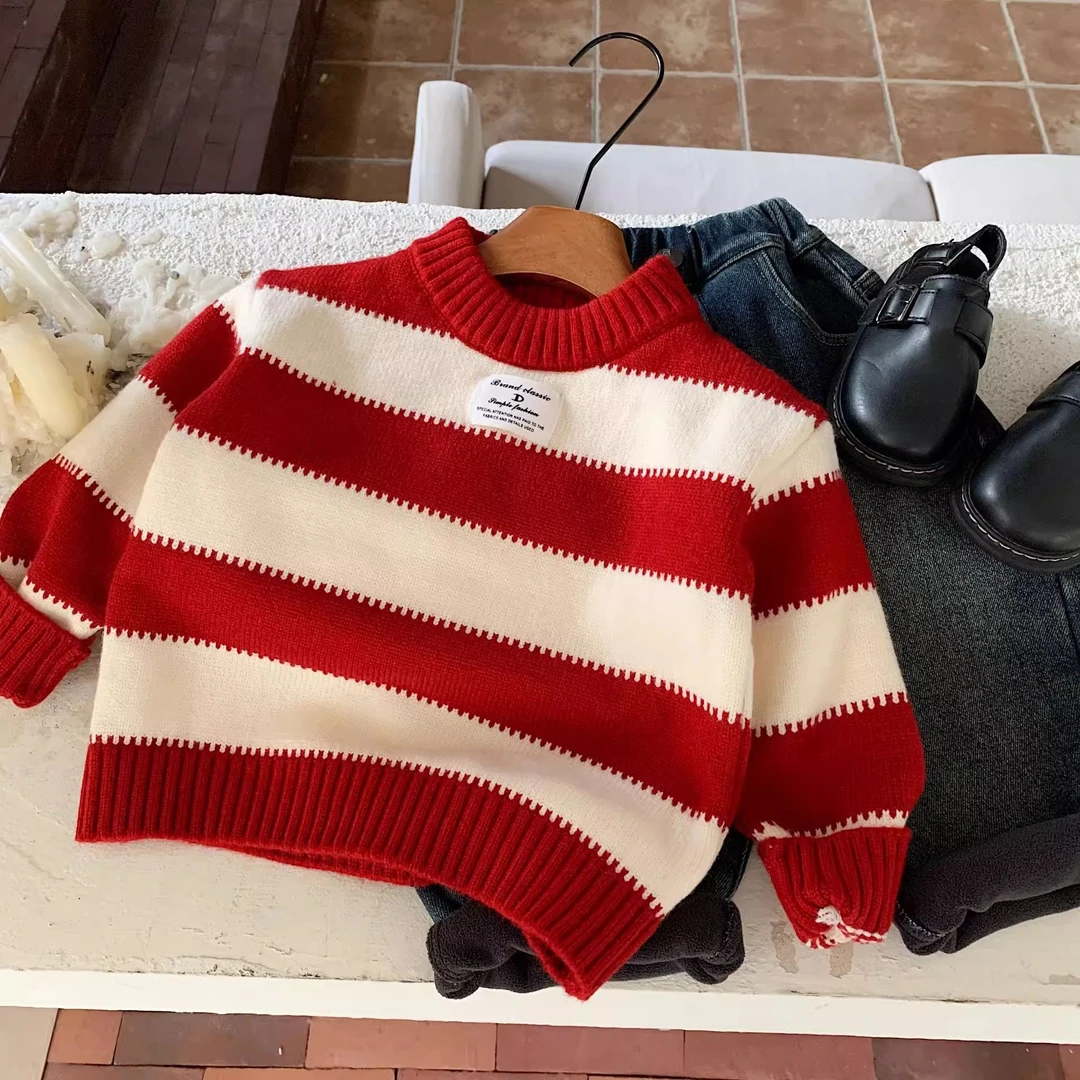 可爱儿童毛衣2024秋冬男女童新年保暖针织衫宝宝条纹打底衫拜年服