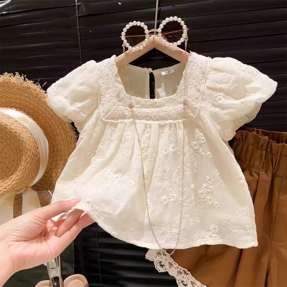 圆子家现货 女童方领夏季韩版洋气夏装娃娃衬衫儿童夏款薄款上衣