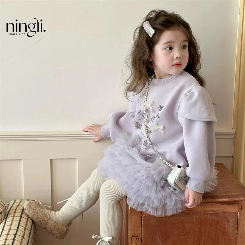 【秋冬新品】紫色芭蕾！韩系女童小童卡通蕾丝花边网纱卫衣裙加绒