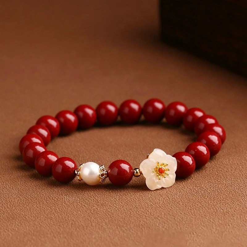 含辰砂工艺品保真朱砂高含量紫金砂【幸运花开 转运珠】珍珠色手链