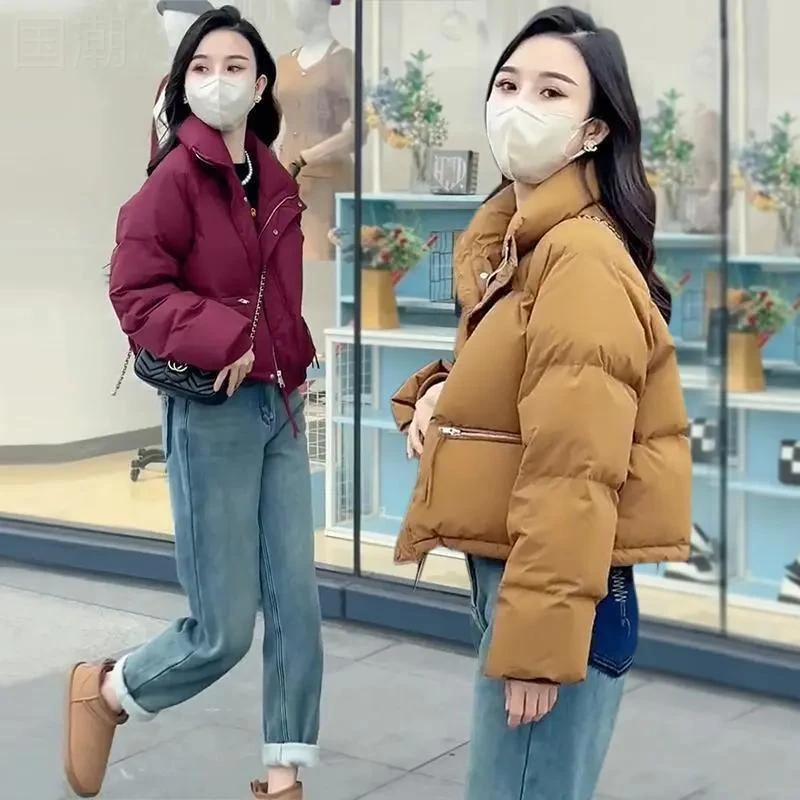 新款爆款新款冬季韩版羽绒服女短款厚面包服立领矮个子宽松棉衣外
