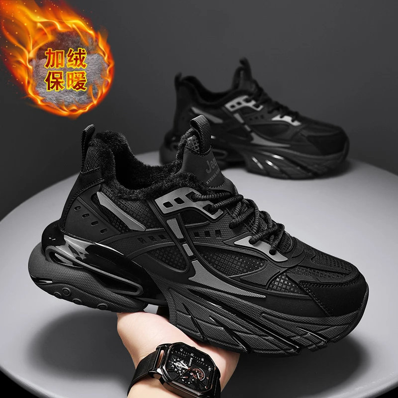 JEEP吉普老爹鞋男轻便2025新款冬季黑色网面加绒加厚增高防滑男鞋