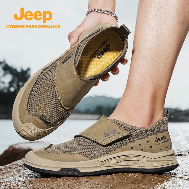 Jeep吉普冬季男鞋透气薄款网面鞋子男款魔术贴百搭户外运动休闲鞋