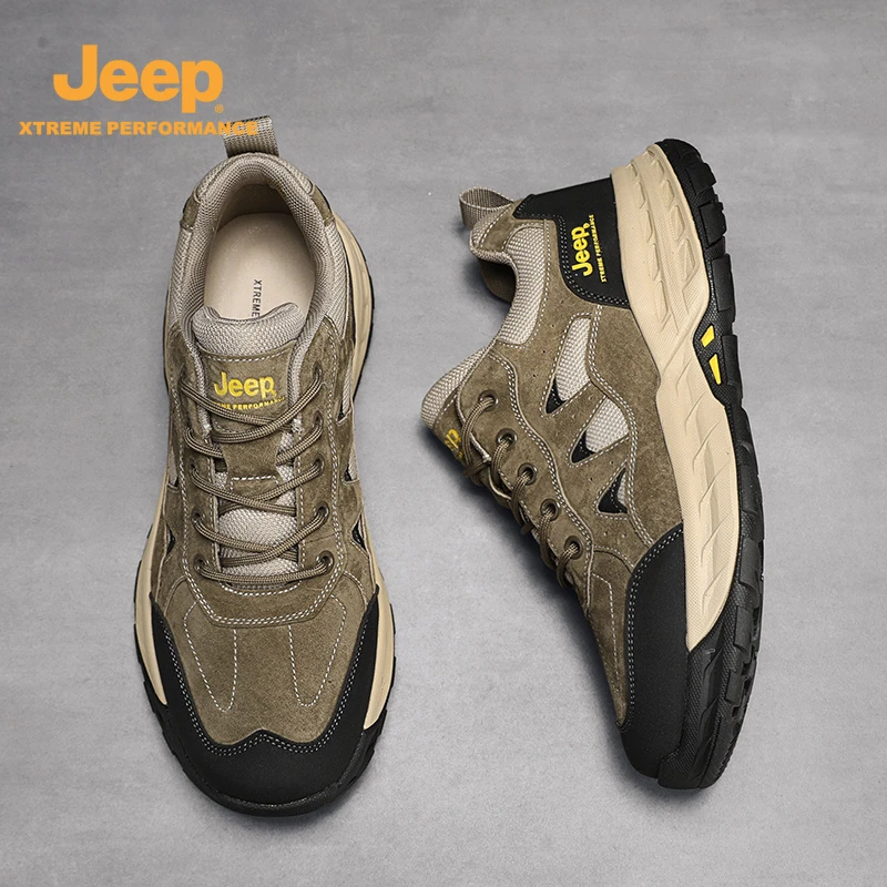 jeep吉普男鞋2025新款春季户外休闲运动鞋男士徒步防滑真皮登山鞋