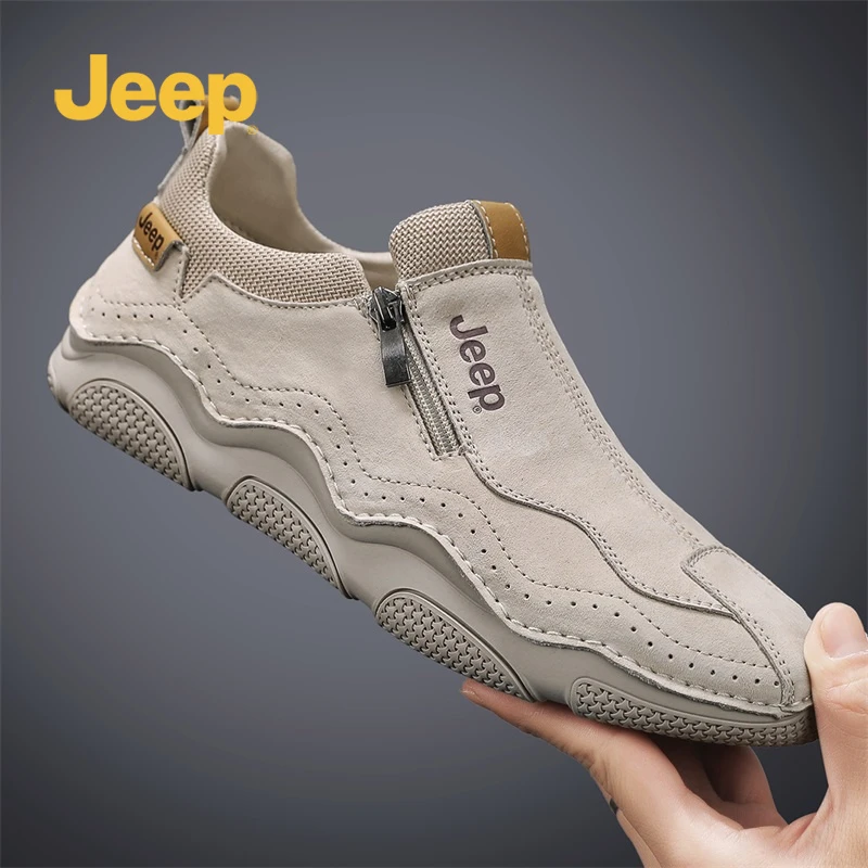 jeep吉普男鞋2025商务风时尚休闲懒人鞋冬季真皮拉链套脚低帮鞋男