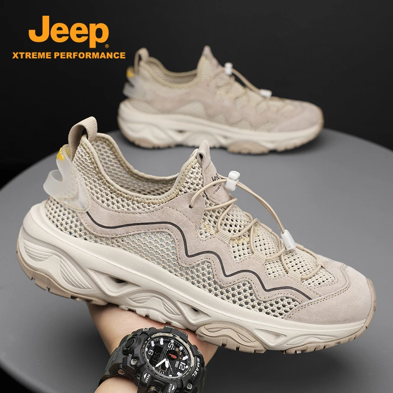 jeep网面透气老爹鞋2025夏新款户外休闲免系带男士轻便厚底运动鞋