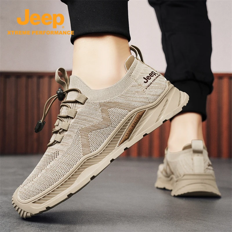 jeep吉普男鞋夏季薄款透气运动鞋2024新款登山鞋网面飞织休闲鞋子