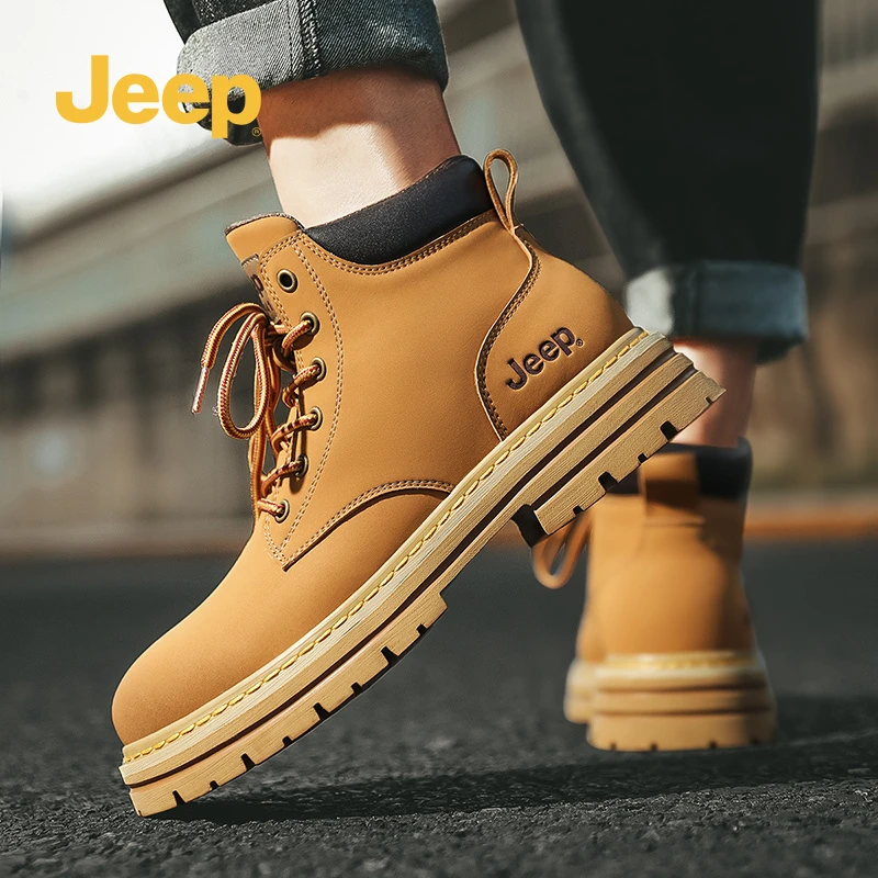 jeep吉普马丁靴男高帮真皮秋款大黄靴英伦风男士中帮休闲工装靴男